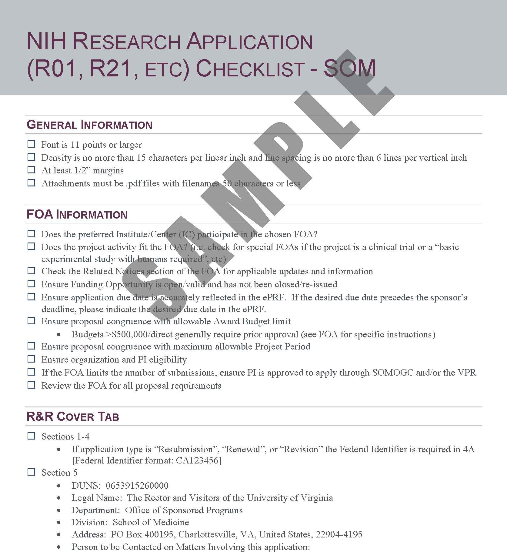 NIH Standard Research Award Checklist