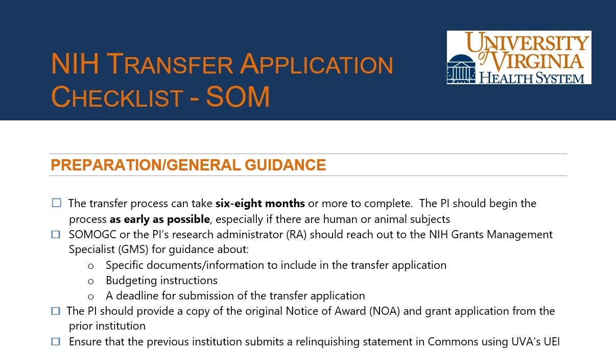 NIH Transfer Application Checklist